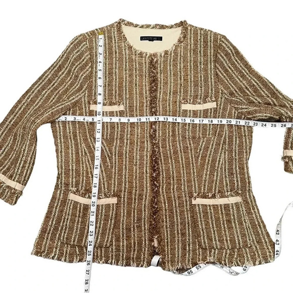 Lafayette 148 Textured Tan Tweed Blazer Jacket Pockets Fringe Trim Size 16 - Picture 3 of 6